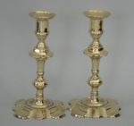 Pair of English Q. A. Petal Base Candlesticks C. 1750