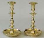 Pair of Heavy (solid) Russian Brass Sabbath Candlesticks with Saucer Base