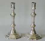 Large Pair of French "Silvered" Silver Form Brass Candlesticks