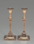 Spectacular Rare Pair of "Adam" Bell Metal Square Base Candlesticks with Original Bobeches