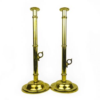 Tall Pair of English Victorian Brass Side Ejector Candlesticks Circa 1850