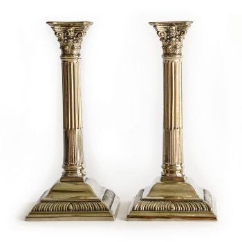 Pair of English Paktong Corinthian Column Candlesticks Circa 1780