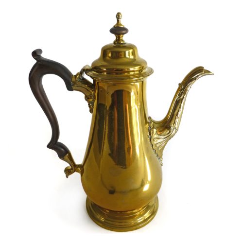 Exceptional Brass “Silver Form” English Coffee Pot with Pseudo Marks. Circa 1755