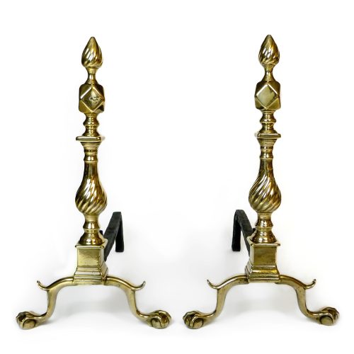 Exceptional Pair of American (New York) Diamond & Flame Brass Andirons. Circa 1765