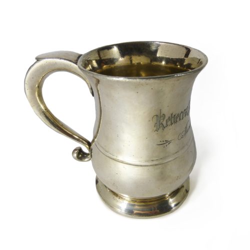 Rare Silvered Pint Capacity American Pewter Mug. Engraved, 1791