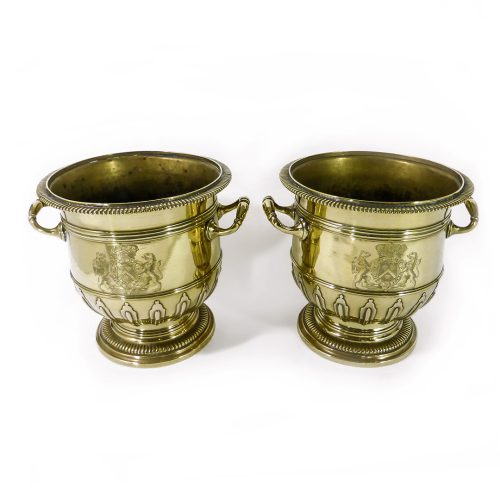 Highly Important Pair of Brass Silver Form Huguenot Wine Buckets. Circa 1710