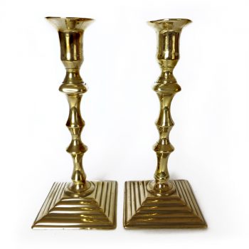 Pair of English Brass Queen Anne Square Base Candlesticks. Circa 1740