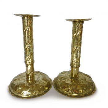 Pair of Swedish Sheet Metal Brass Candlesticks Each with 3 Busts on Base. Circa 1800