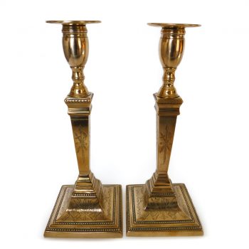 Pair of extremely rare finely detailed engraved English gunmetal candlesticks. Circa 1785