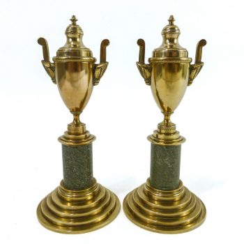 Pair of Swedish Grace Brass and Kolmards Marble Urn Candlesticks, Circa 1900
