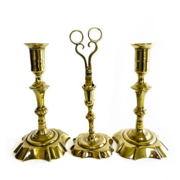 Pair of English Queen Anne Brass Candlesticks with Snuff & Stand Circa 1740